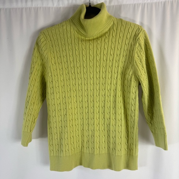 Pria Lime Green Cable Knit Turtleneck Sweater Vintage size: L 100% Cotton - Picture 1 of 10